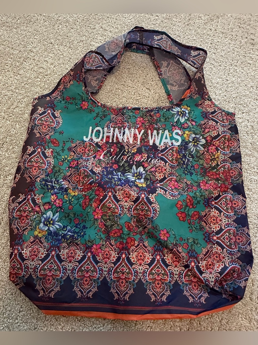 JOHNNY WAS California Shopping Bag Tote Packable Floral Nylon Reusable Teal Blue